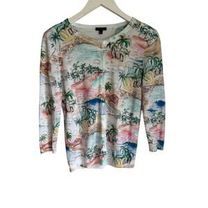 Talbots Petite Tropical Scenic Print Cardigan Sweater SP Coastal Resort